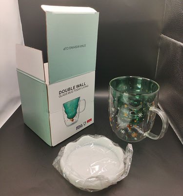 300ml Christmas Gift Double Walled Glass Cup with Lids and High Temperature Resistance
