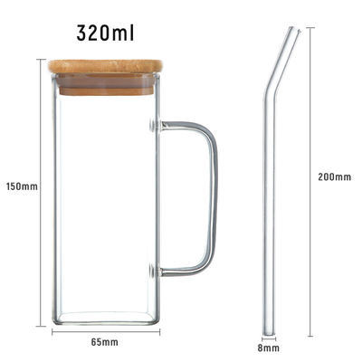 350ml Clear Square Glass Cold Beer Cup Transparent Glass Mug With Bamboo Lid Coffee Mugs