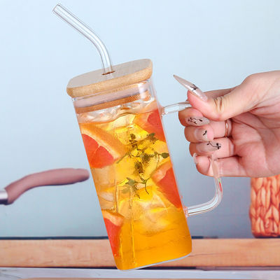Sustainable 350ml Clear Glassware Drinkware Iced Coffee Tea Mug with Lid and Straw Handle