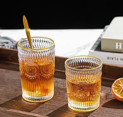 380ml Retro Embossed Gold Border Glass Mug Sunflower Embossed Glass Water Drinking Cup