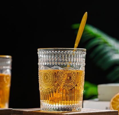 380ml Retro Embossed Gold Border Glass Mug Sunflower Embossed Glass Water Drinking Cup