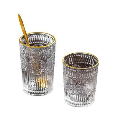 380ml Retro Embossed Gold Border Glass Mug Sunflower Embossed Glass Water Drinking Cup