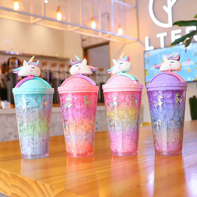 14OZ Modern Double Wall Unicorn Plastic Cup Insulated Water Bottle with Lid and Straw