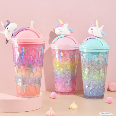 14OZ Modern Double Wall Unicorn Plastic Cup Insulated Water Bottle with Lid and Straw