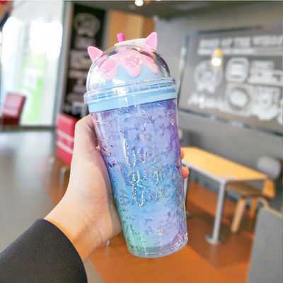 14OZ Modern Double Wall Unicorn Plastic Cup Insulated Water Bottle with Lid and Straw