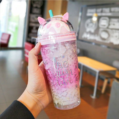 14OZ Modern Double Wall Unicorn Plastic Cup Insulated Water Bottle with Lid and Straw