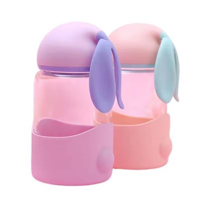 340ml Customized Thermal Insulation Cute Rabbit Ear Glass Water Bottle for Unisex Outdoor