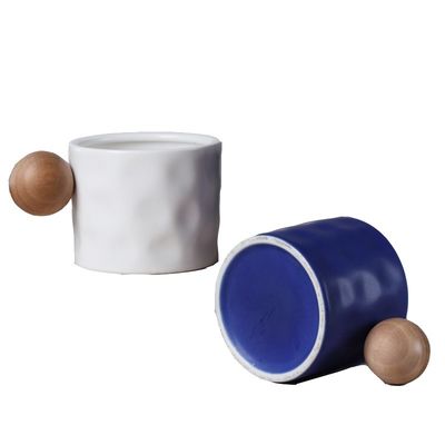 Custom Logo Creative Blue Ceramic Mug With Wooden Handle Samples Offered