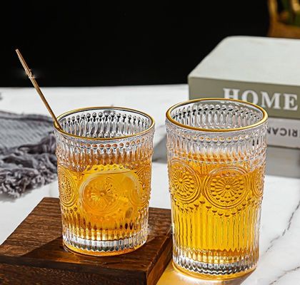 300ML/380ML Capacity Straight Sunflower Embossed Glass Water Drinking Cup Retro Style