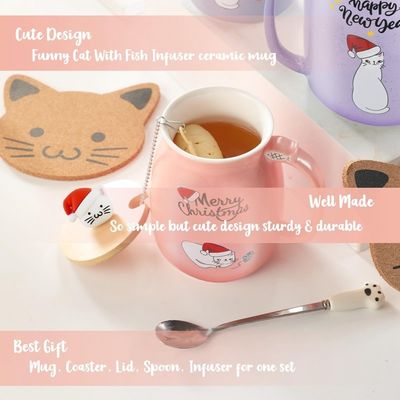 Matierial Ceremic 380ml Cute Ceramic Coffee Cup with 3D Cat Design and Bamboo Lid
