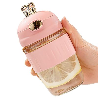 Popular Rabbit Style Portable Reusable Glass Water Cup With Straw Coffee Mug Suitable