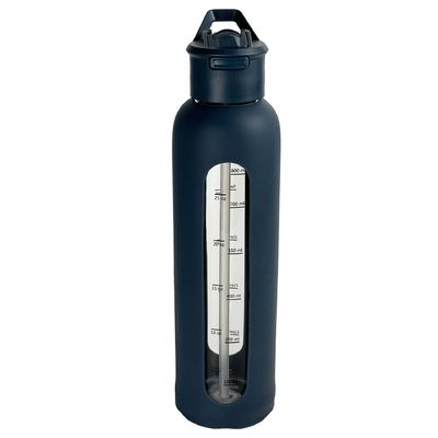 Motivational Glass Water Bottle with Silicone Sleeve and Portable Time Marker Reminder