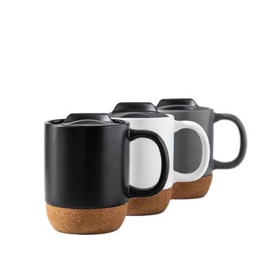 450ML Custom Logo Matte Black White Cork Base Ceramic Coffee Travel Mug With PP Lid