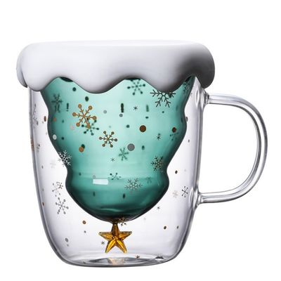 Christmas Holiday Double Wall High Borosilicate Glass Water Cup with Handle and Lid
