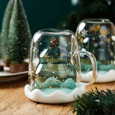 Christmas Holiday Double Wall High Borosilicate Glass Water Cup with Handle and Lid