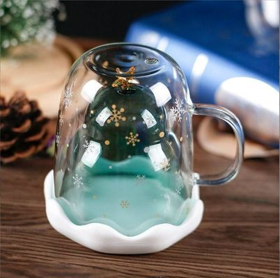 Christmas Holiday Double Wall High Borosilicate Glass Water Cup with Handle and Lid