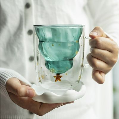 Christmas Holiday Double Wall High Borosilicate Glass Water Cup with Handle and Lid