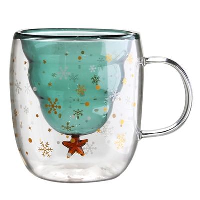 Custom Xmas Gift 200ml Double Walled Glass Coffee Cup with Christmas Tree Design