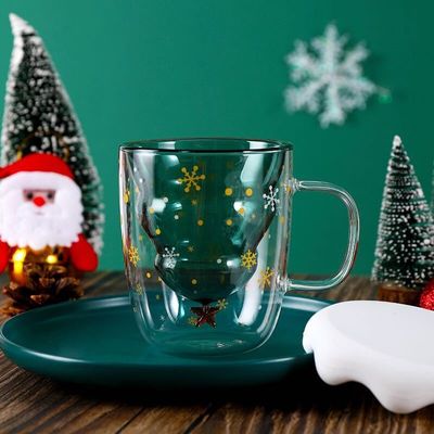 Custom Xmas Gift 200ml Double Walled Glass Coffee Cup with Christmas Tree Design