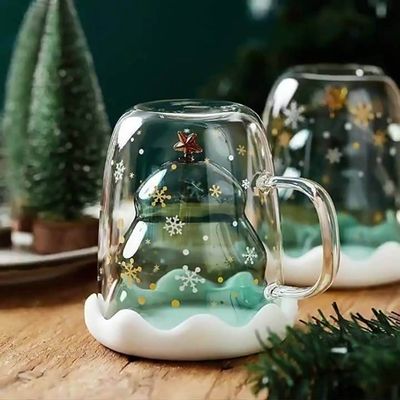Custom Xmas Gift 200ml Double Walled Glass Coffee Cup with Christmas Tree Design