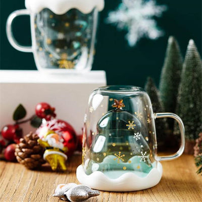 Custom Xmas Gift 200ml Double Walled Glass Coffee Cup with Christmas Tree Design