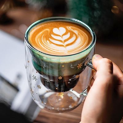 Custom Xmas Gift 200ml Double Walled Glass Coffee Cup with Christmas Tree Design