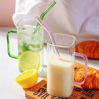 Customized Logo Acceptable Square Color Handle Glass Cups with Bamboo Lids Straws