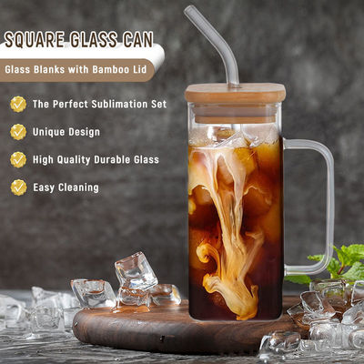 350ml Square Beer Soda Coffee Can Shaped Glass Pint Tumbler With Bamboo Lid Straw Stock