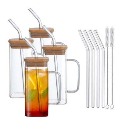 Party Occasion 350ML Custom Clear Square Glass Cold Beer Mug with Bamboo Lid and Straw