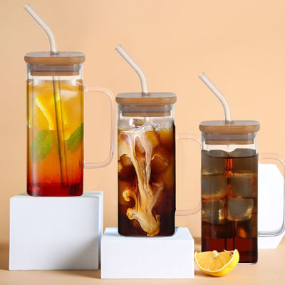 Party Occasion 350ML Custom Clear Square Glass Cold Beer Mug with Bamboo Lid and Straw