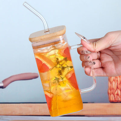 Party Occasion 350ML Custom Clear Square Glass Cold Beer Mug with Bamboo Lid and Straw