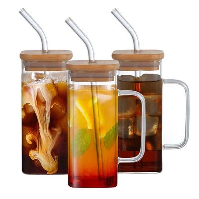 Party Occasion 350ML Custom Clear Square Glass Cold Beer Mug with Bamboo Lid and Straw