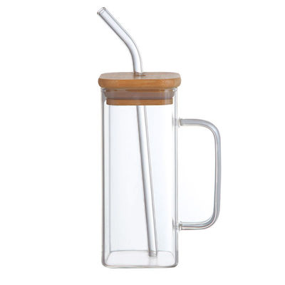 Party Occasion 350ML Custom Clear Square Glass Cold Beer Mug with Bamboo Lid and Straw