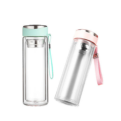 320ML Double Walled Glass Water Bottle with Infuser in Pink Customized Logo Acceptable