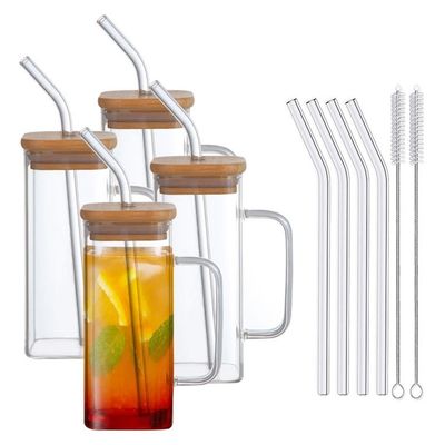 Square Glass Cup with Lid Top Selling Iced Coffee Tea Mug Drinking Glasses