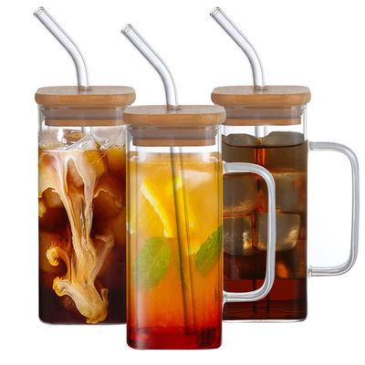 Square Glass Cup with Lid Top Selling Iced Coffee Tea Mug Drinking Glasses