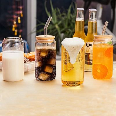 16oz Glass Mug With Bamboo Lid for Ice Cream Bubble Tea Coffee Soda Beer Can Shape