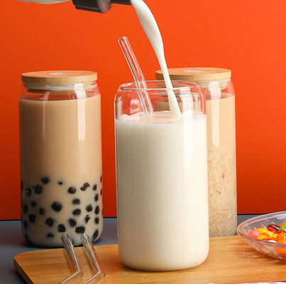16oz Glass Mug With Bamboo Lid for Ice Cream Bubble Tea Coffee Soda Beer Can Shape