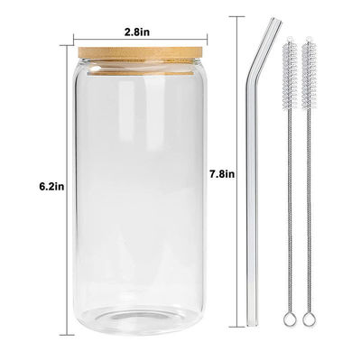 16oz Glass Mug With Bamboo Lid for Ice Cream Bubble Tea Coffee Soda Beer Can Shape