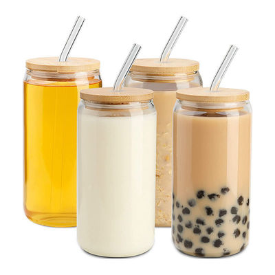 16oz Ice Coffee Mug Bubble Tea Pop Can Beer Wine Beverage Glass Cup with Glass Straw