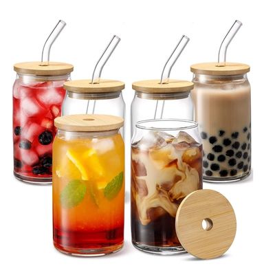 Party Occasion 16oz Glass Beer Can Shaped Cup with Bamboo Lid and Straw