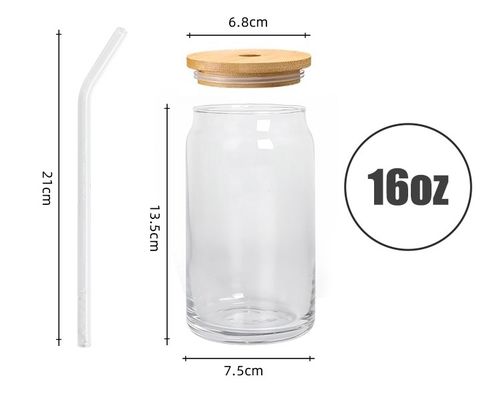 Party Occasion 16oz Glass Beer Can Shaped Cup with Bamboo Lid and Straw