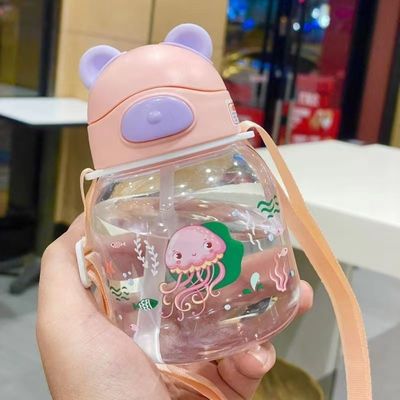 450ml PC Plastic Cute Bear Shape Water Cup With Straw And Rope Leakproof Water Bottle