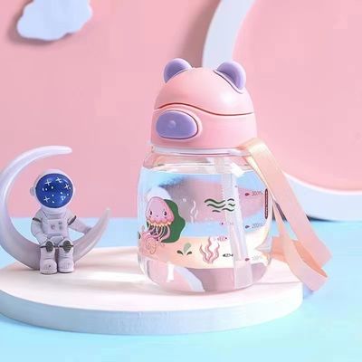 450ml PC Plastic Cute Bear Shape Water Cup With Straw And Rope Leakproof Water Bottle