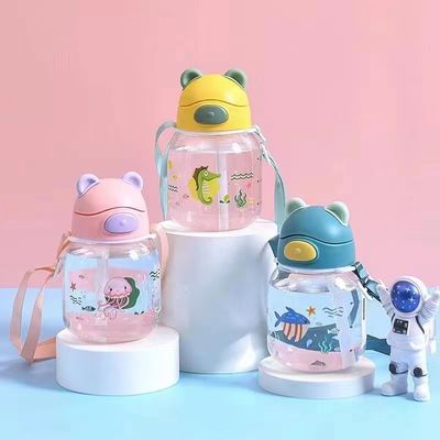 450ml PC Plastic Cute Bear Shape Water Cup With Straw And Rope Leakproof Water Bottle