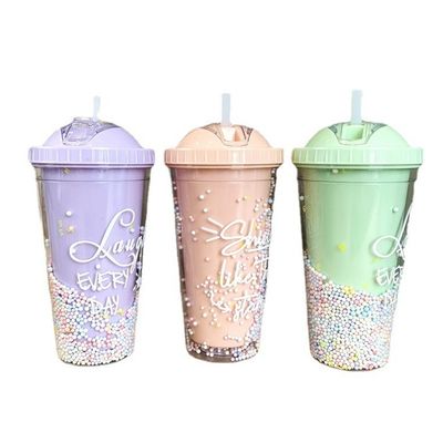 550ml Clear PC Plastic Cup BPA-free Double-walled Reusable Milkshake Cup with Straw