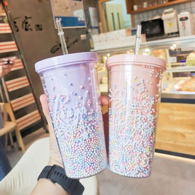 550ml Clear PC Plastic Cup BPA-free Double-walled Reusable Milkshake Cup with Straw