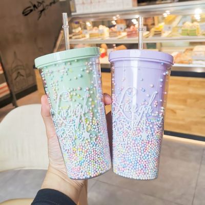 550ml Clear PC Plastic Cup BPA-free Double-walled Reusable Milkshake Cup with Straw