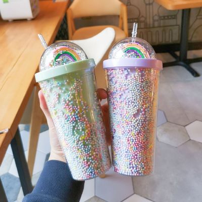 550ml Clear PC Plastic Cup BPA-free Double-walled Reusable Milkshake Cup with Straw