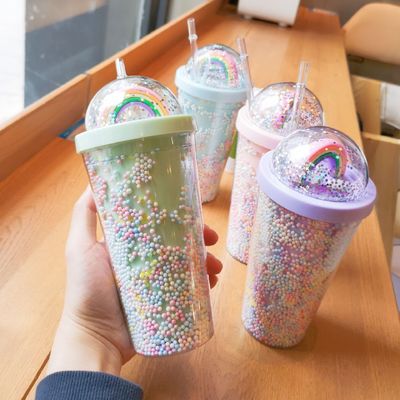 550ml Clear PC Plastic Cup BPA-free Double-walled Reusable Milkshake Cup with Straw